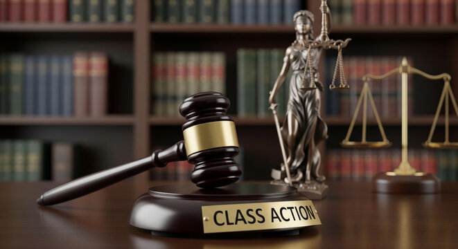 Class action lawsuit gavel and scales of justice in a courtroom library setting