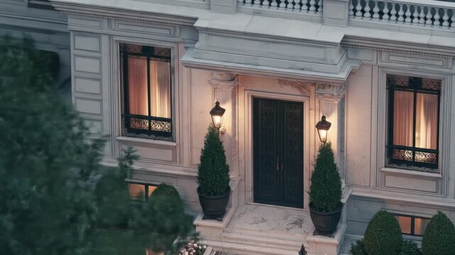 A grand stone facade with a decorative entrance, flanked by windows and topped with a flat roof