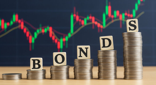 Stacking coins with letters spelling out bonds against a stock market graph background