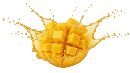 A dynamic splash of fresh mango juice surrounding juicy diced mango pieces on a black background isolated on transparent background