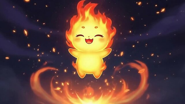 Adorable glowing fire spirit character with bright orange flames dancing happily above a magical burning energy source in the dark