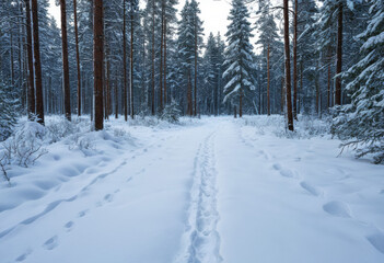 Winter forest road with deer tracks in fresh snow, pines around
