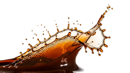 A high-speed studio shot of a brown liquid splash creating a dynamic crown shape against a black background isolated on transparent background