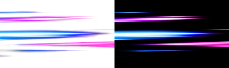 Abstract blue and purple neon light speed lines overlay with motion blur isolated on transparent background.