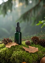A green dropper bottle with pine cones and autumn leaves on moss in a forest setting