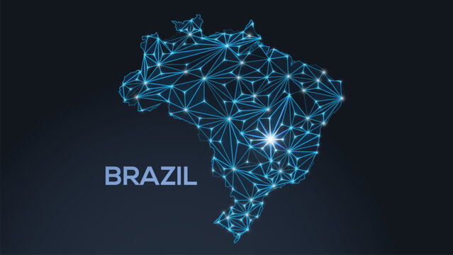 Low-poly vector map of Brasil featuring glowing city lights and population density illustrated through star-like dots and cosmic shapes.
