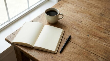 Open blank notebook with coffee cup and pen on rustic wooden table by bright window, creative writing workspace, generative AI
