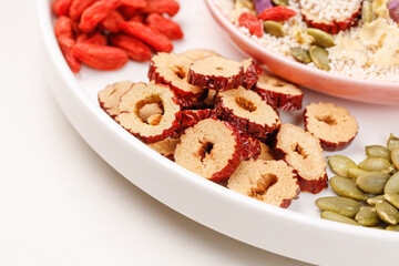 Healthy Ingredients Bowl with Wolfberries, Dates, Nuts and Seeds