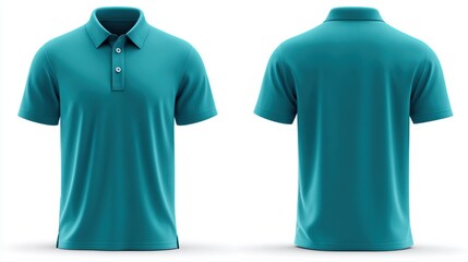 Teal blue polo shirt front and back views isolated on white background
