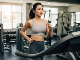 Fototapeta premium A woman in a gym running on a treadmill with exercise equipment around her