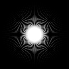 Bright white light starburst effect with radiating rays on a dark black background, creating an abstract and vibrant graphic element