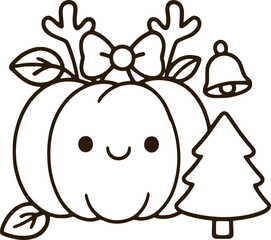 Cute Christmas pumpkin with bow reindeer and tree kawaii style colouring page illustration 