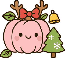 cute pumpkin in marry christmas theme with bow bell and tree Kawaii style illustration 