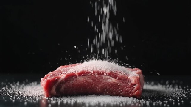  Epic slow-motion shot of coarse salt falling onto raw beef steak, intense side lighting