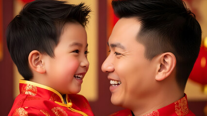 Portrait asian father and son smiling together in traditional clothing during celebration  