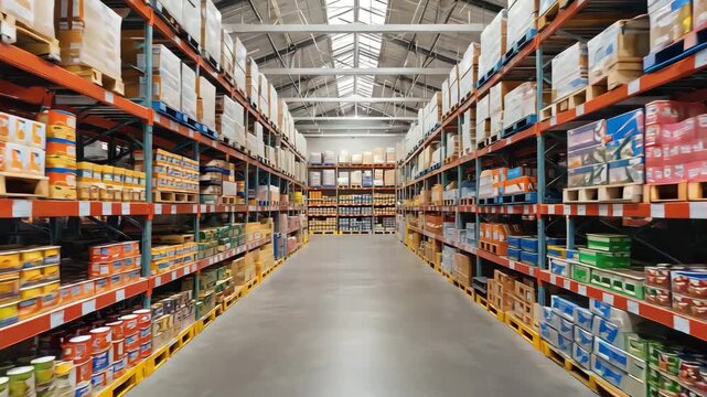 Perspective view of a large warehouse aisle with tall metal shelving racks filled with various stacked goods and pallets, industrial storage facility