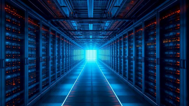 Long Data Center Corridor with Rows of Illuminated Server Racks and Bright Blue Light at End