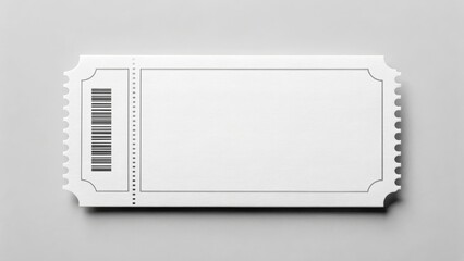 Blank white event ticket featuring barcode and perforated edges displayed on a gray surface