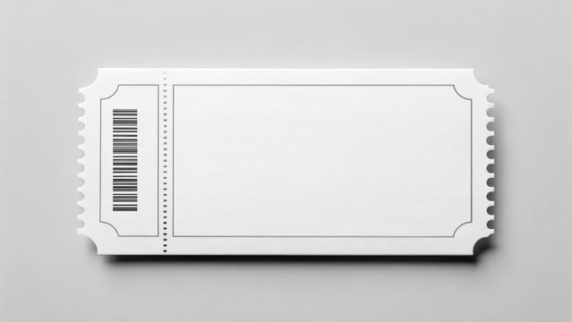 Blank white event ticket featuring barcode and perforated edges displayed on a gray surface