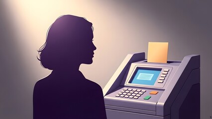 Woman interacting with an ATM machine, banking and finance concept