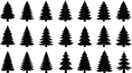 Obraz premium Black silhouette pine tree icon set with diverse shapes and branch styles for nature, environment, and design themes.