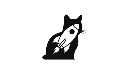Black cat with a rocket on its back simple and elegant design.