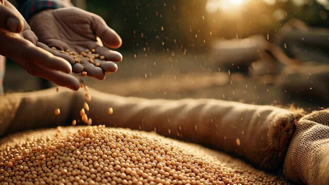 Hands Harvesting and Sprinkling Leguminous Seeds in a Rural Farming Scene