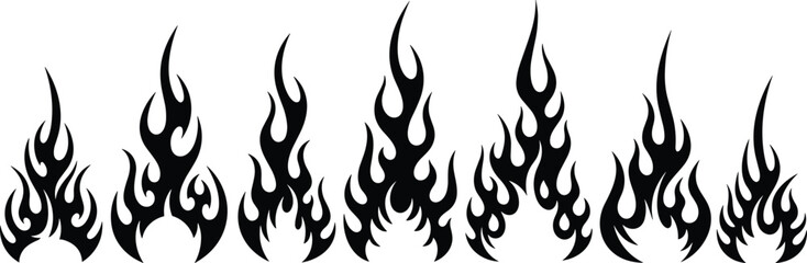 Black stylized flame silhouette set with tribal curves and pointed shapes for tattoo, decal, and graphic design themes.