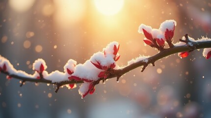 Snow-covered branch with budding leaves sparkles in the golden sunlight, surrounded by a dreamy, blurred bokeh background