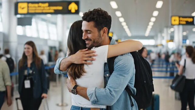 Happy couple hugging at airport, joyful reunion before or after travel journey.
