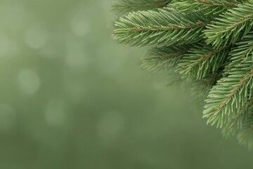 Obraz premium Fresh evergreen branch corner on soft green bokeh, ideal for editable nature backgrounds, eco branding, and customizable minimal compositions.