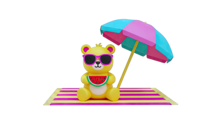 Cute Bear Relaxing on Beach with Watermelon and Umbrella