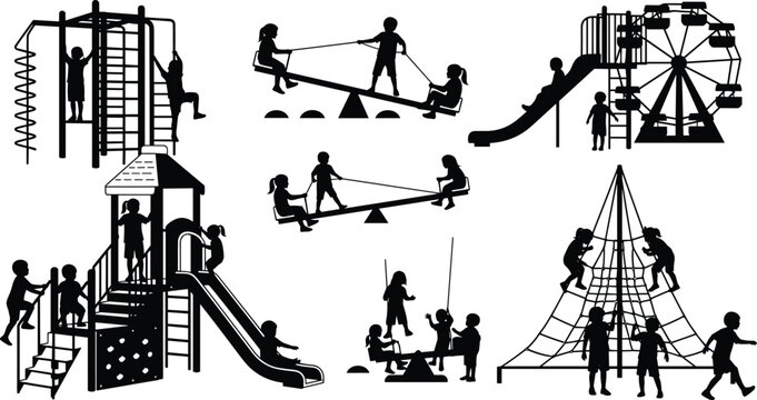 Playground silhouette vector set with children on swings, slides, seesaws, and climbing frames for outdoor, lifestyle, and education themes.