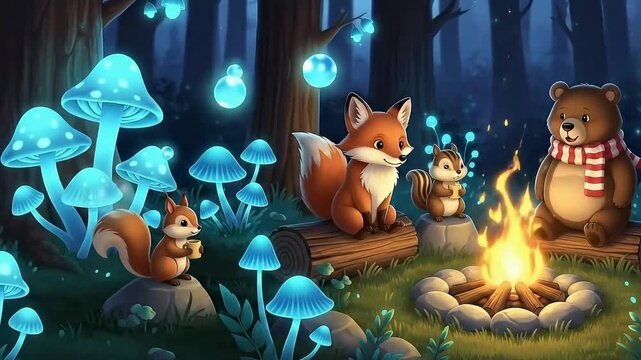 Adorable cartoon forest animals including a fox a bear and squirrels gather around a glowing campfire under magical blue mushrooms at night