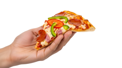 Hand holding a delicious pizza slice with pepperoni, ham, and colorful vegetables on a black background