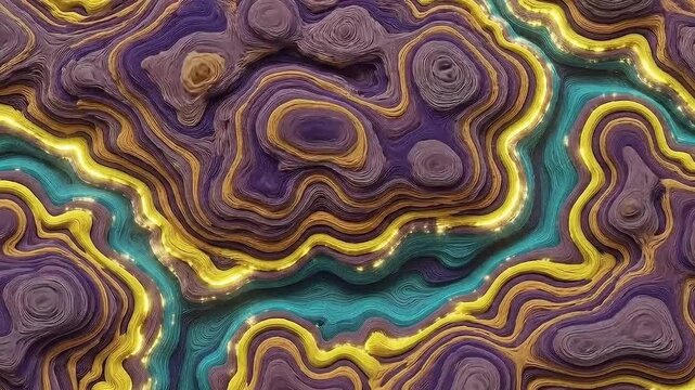 Abstract topographic texture featuring vibrant purple gold and teal layered contours creating a mesmerizing geological surface pattern background