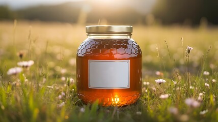 Natural honey jar in meadow with wildflowers and sunlight
