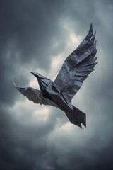 Obraz premium Origami Raven Soars Through Stormy Skies in Dramatic Gothic Scene