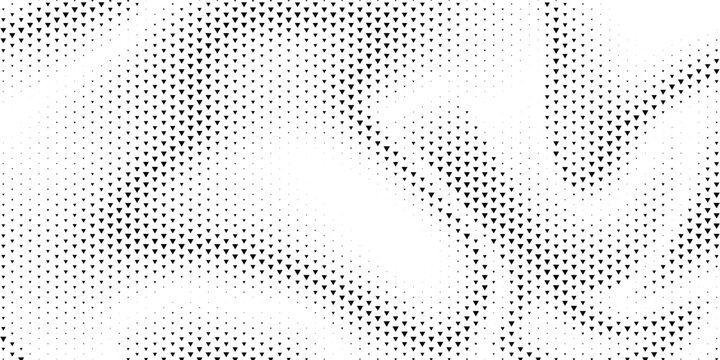 Fading triangle halftone texture gradient pattern. Abstract diagonal geometric background. Tech mosaic triangular halfton gradation. Vector vanishing corner arrow wallpaper for banner, booklet, poster