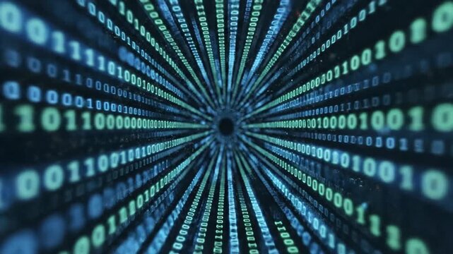 Abstract animation of binary code data streams forming a futuristic digital tunnel, representing cyber information flow