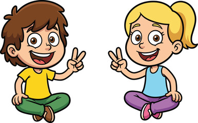 Cartoon children sitting cross-legged, peace sign gesture, cheerful expressions, playful pose, friendship theme, flat vector illustration