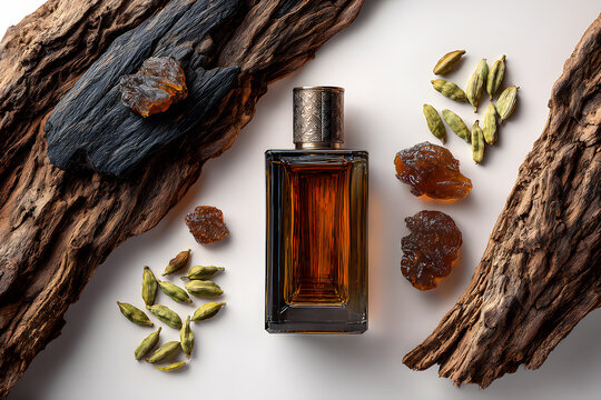 Oud perfume bottle with labdanum resin, cardamom pods and agarwood pieces on neutral background, oriental luxury fragrance concept