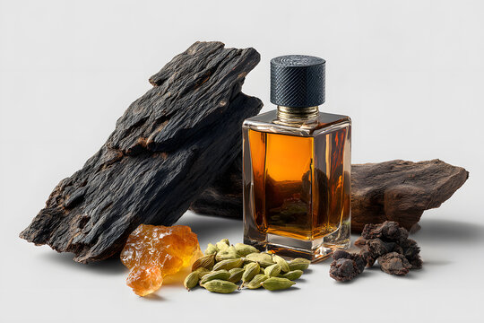 Luxury oud perfume bottle with agarwood, labdanum resin and cardamom on light background, oriental spicy scent composition