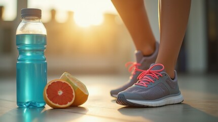 2026 fitness goal journal with workout plan, clean lifestyle setup, water bottle, running shoes, fresh morning energy, 
