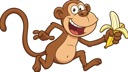 Cartoon monkey running with banana, cheerful expression, dynamic pose, playful character, kids theme, flat vector illustration © MDSHISHIRHASAN