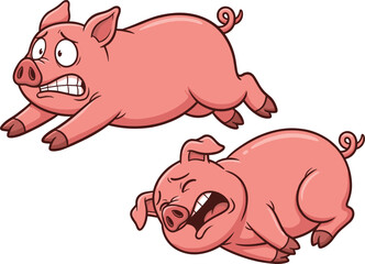 Cartoon pigs in expressive poses, frightened and distressed emotions, dynamic motion, humorous animal theme, flat vector illustration