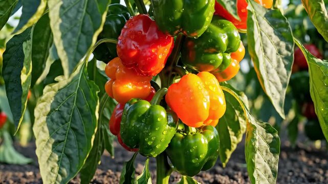 Fresh bell peppers growing on a plant in a garden. Ripe red, orange, and green vegetables with water drops. Organic farming and harvest season