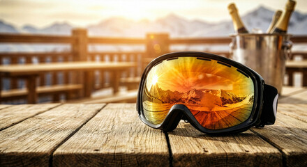 Ski goggles with a mountain reflection on a wooden table at sunset or sunrise.
