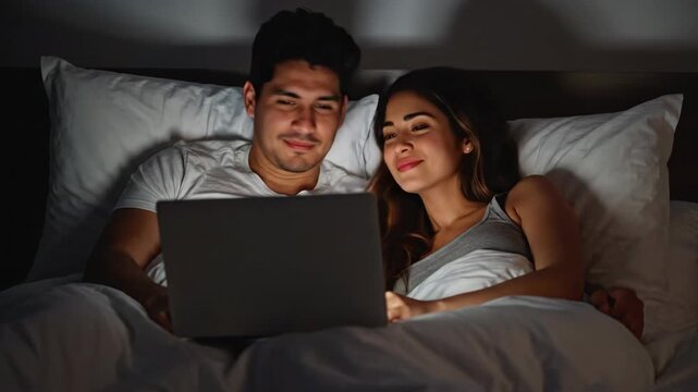 Young couple watching a movie on a laptop in bed at night. Happy man and woman relaxing and smiling together while streaming online content. Intimate moment at home