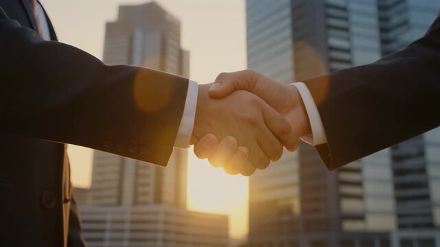 Business Deal: Handshake at Sunset in Cityscape